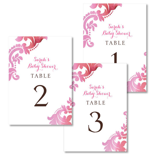 Pink Watercolor Damask Table Number Cards